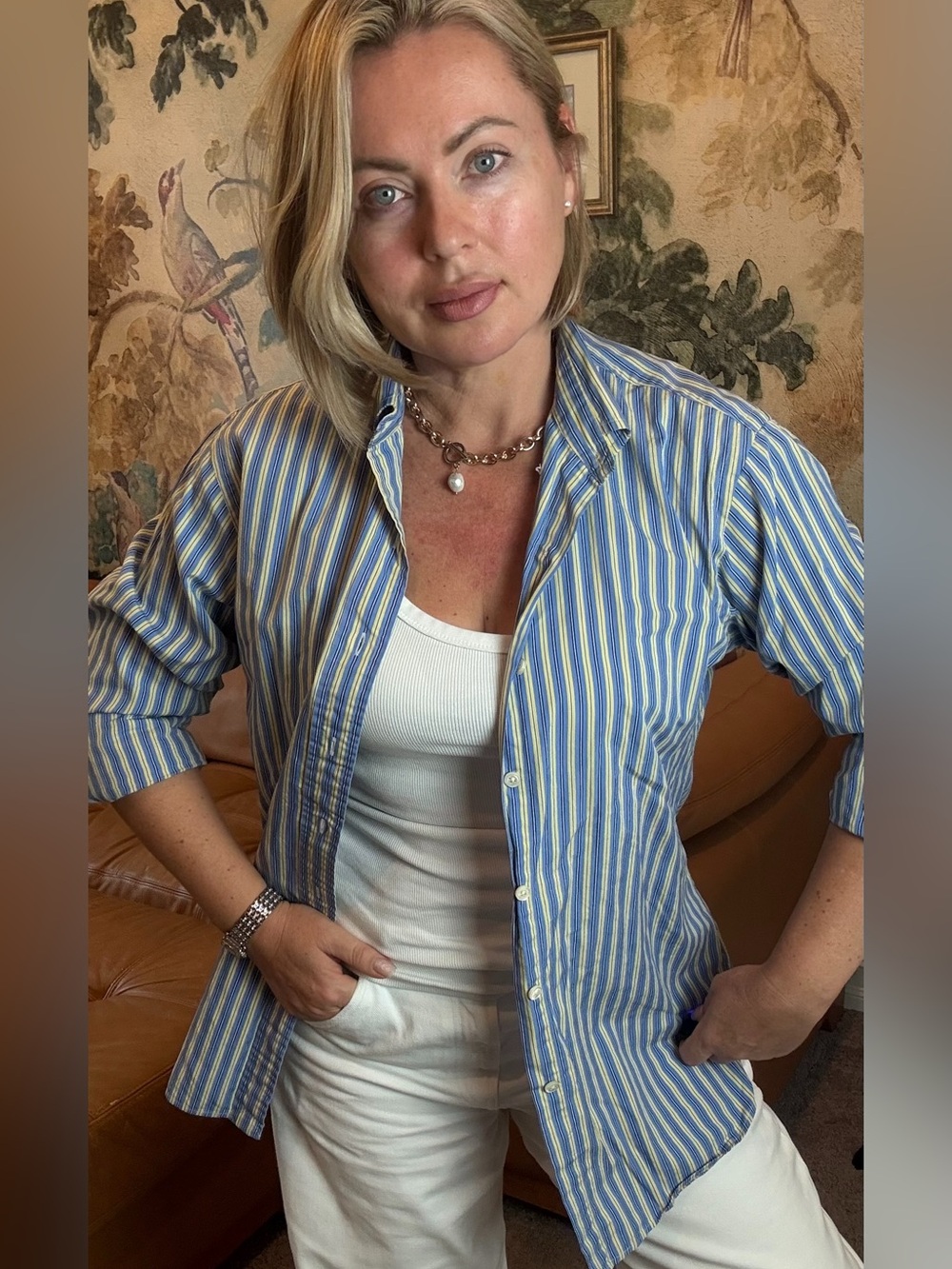Vintage Ralph Lauren Blue Yellow Striped Button-Up Shirt Women’s M Oversized